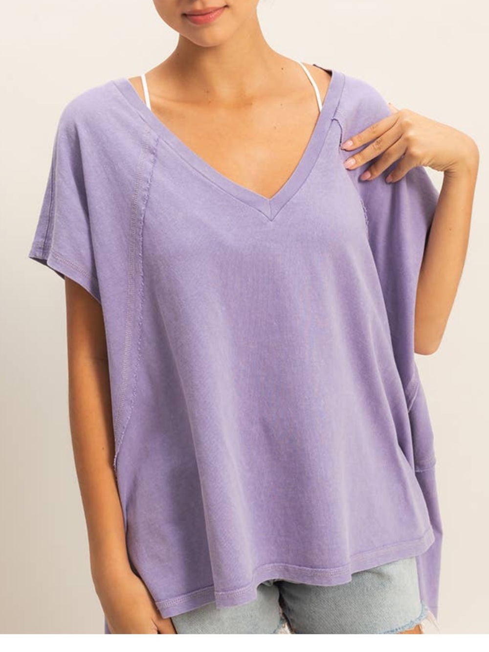 Women's Oversized V-Neck Short Sleeve T-Shirt Washed Purple Double Zero